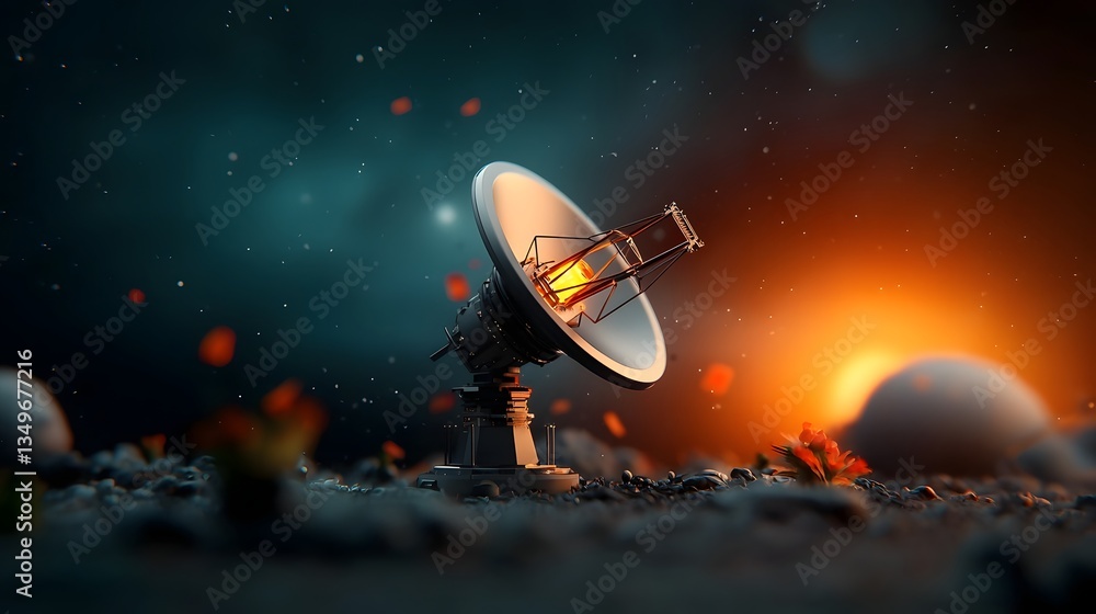 Poster sleek metallic antenna installation relaying data across a dynamic abstract and visually striking ce