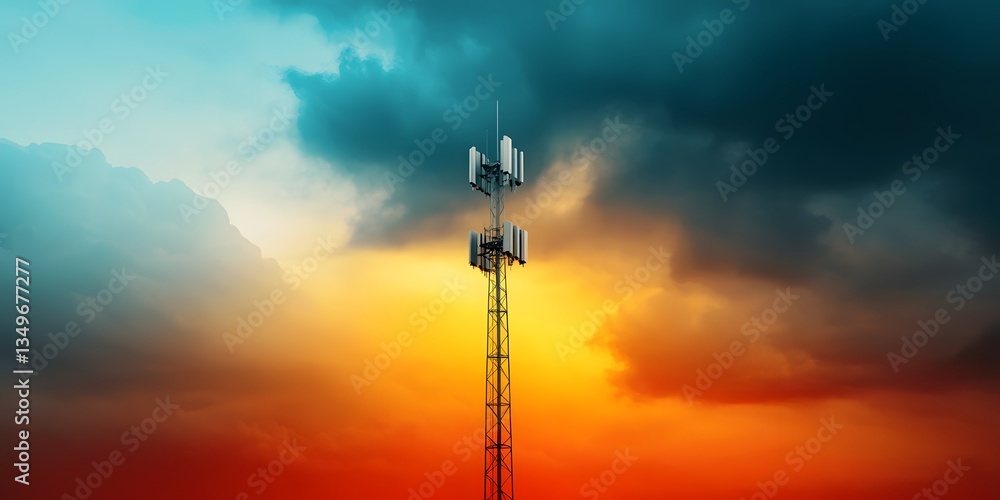 Poster sleek modern telecommunications mast standing tall its antenna array transmitting and receiving casc