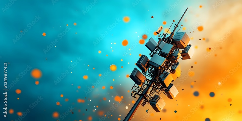 Poster sprawling network of towering broadcast antennas beaming information into the heavens cutting edge c