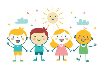 Smiling Stick Figure Kids Holding Hands Under Sunny Sky, Cheerful Cartoon Children