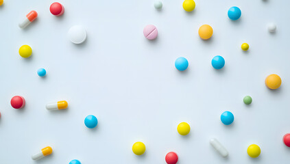 Colorful Pills and Capsules Scattered on White Background Medicine Design