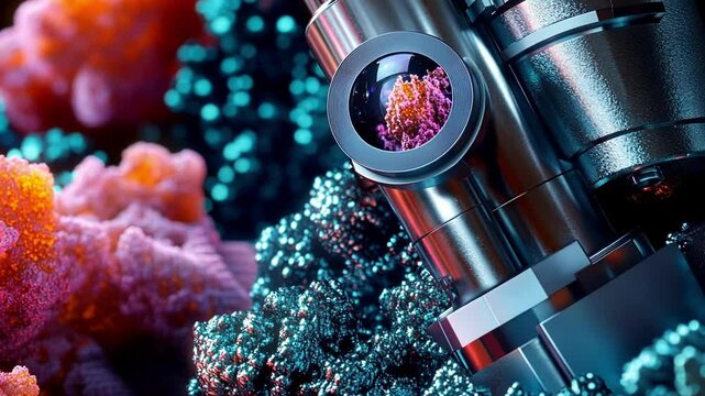 Closeup of the advanced digital camera interface attached to the electron microscope displaying a live feed of highresolution images with vibrant contrast and detail accentuating the
