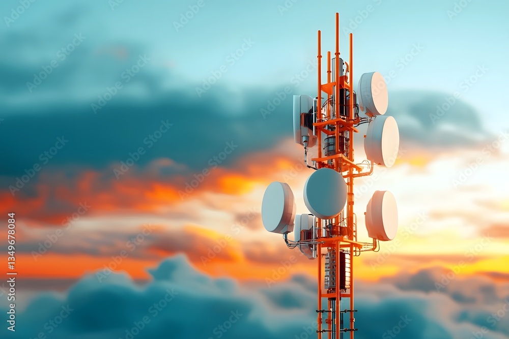 Poster towering antenna array transmitting data signals with complex interlocking components glowing with i