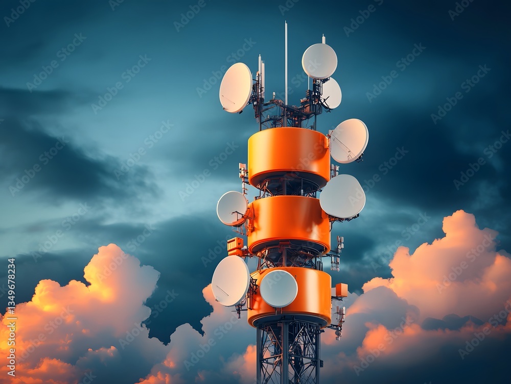 Poster towering communication relay station with an intricate array of dish antennas and satellite dishes t