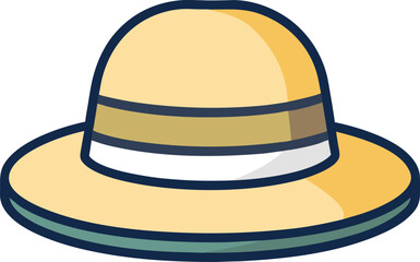 Illustration of a Wide-Brimmed Straw Hat, A colorful illustration of a wide-brimmed straw hat with a simple band, ideal for sun protection and outdoor fashion.
