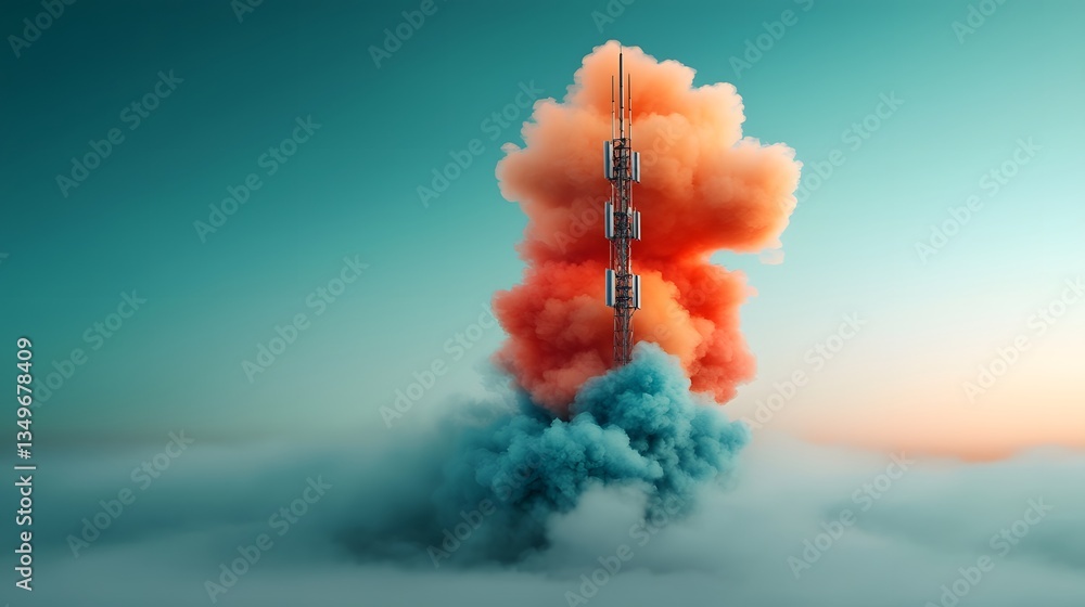 Poster towering communication structure with a matrix of antennas contrasted by a captivating multi toned h