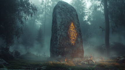 Ancient stone with glowing symbol in misty forest  