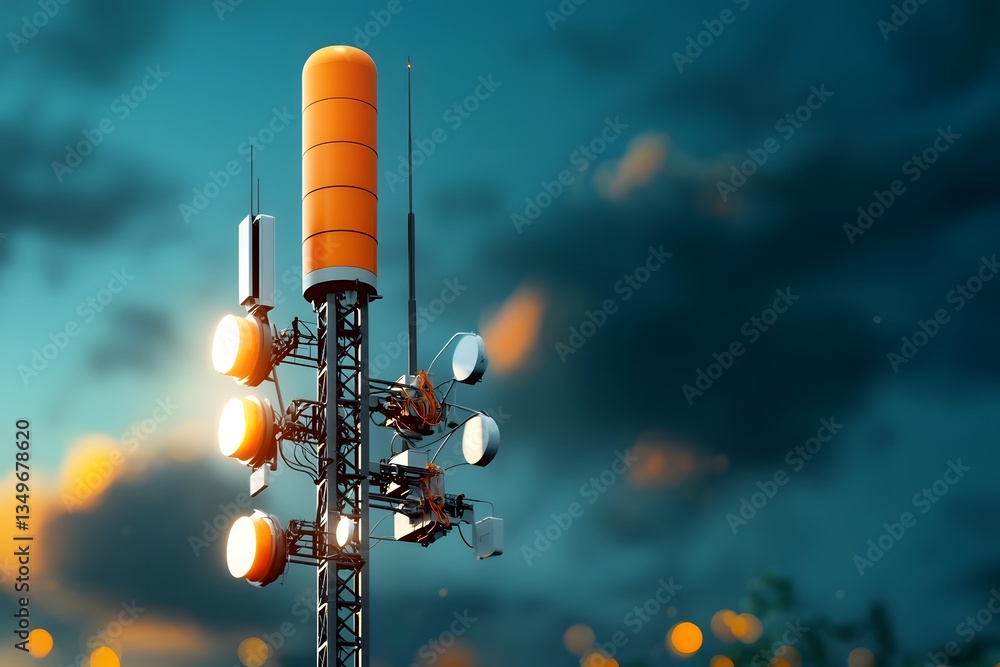 Poster towering futuristic antenna array transmitting data and communication across a dramatically lit vibr