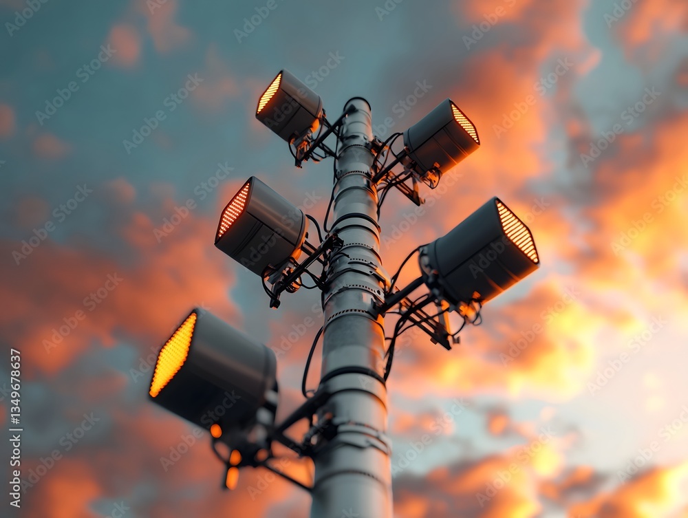 Poster towering futuristic antenna array a complex web of silvery transmitters and receivers with blinking 