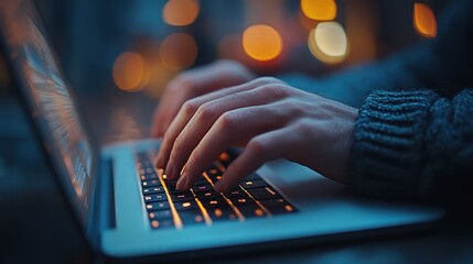 Business professionals collaborating on a project in a modern office during evening hours while using laptops for productive work