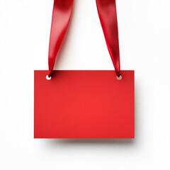 Red Hanging Sign with Elegant Ribbon Straps on White Background