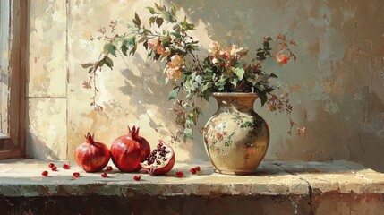 Still Life with Pomegranates and Vase of Flowers