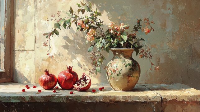 Still Life with Pomegranates and Vase of Flowers
