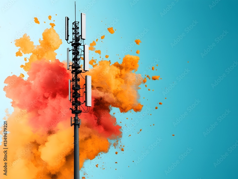 Poster towering latticed antenna structure transmitting pulsing data streams set against a vibrant color sh