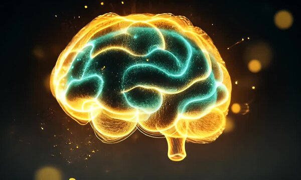 Glowing brain rendering with detailed convolutions and light sparks on a dark backdrop