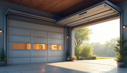 Obraz premium Modern automated garage door with track mechanism. Metal steel white grey panels on residential house exterior. Smart system, automatic opening, closing, smooth silent movement.