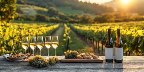Sunset dining experience with wine and gourmet dishes in a picturesque vineyard