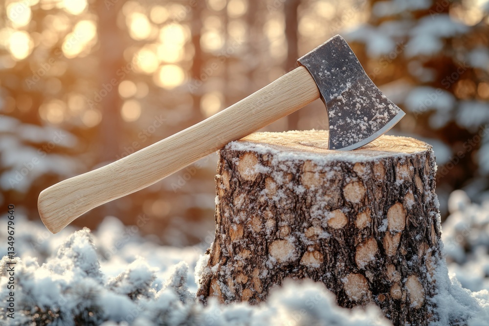 Poster an axe is placed on a wooden stump surrounded by snow-covered trees, illuminated by soft sunlight du