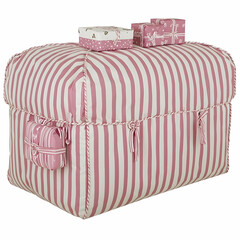 Pink striped toy chest with gifts, holiday storage, children's room decor, festive background