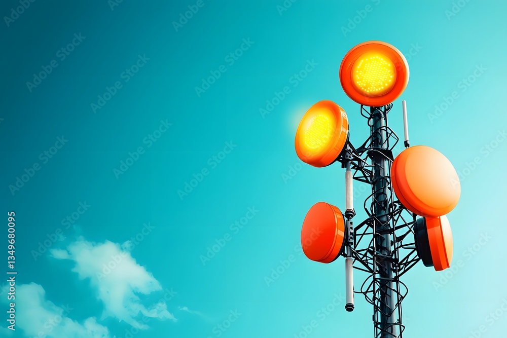 Poster towering retro inspired antenna array transmitting radiant signals into a dramatic colorful sky with