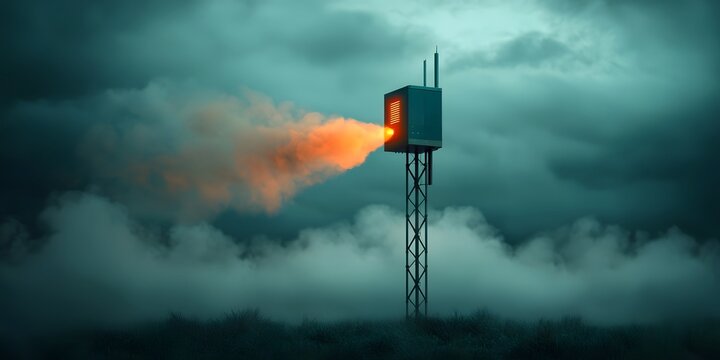 Towering state of the art antenna array broadcasting signals into a breathtaking otherworldly sky complex data transmission equipment glowing technological interfaces cascading beams of energy