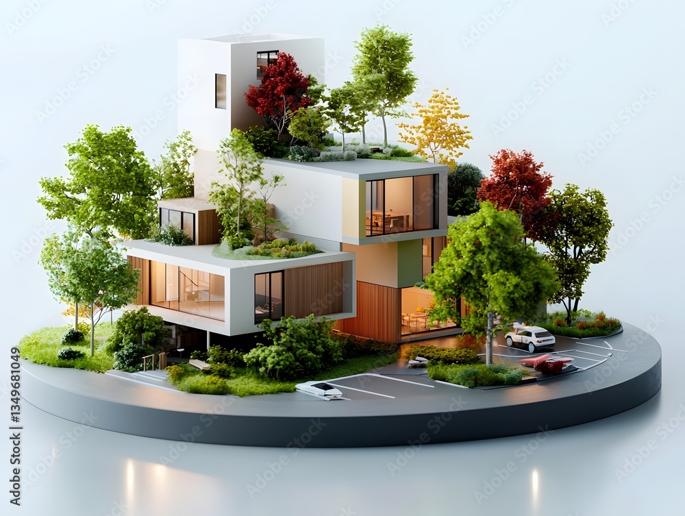Poster 3d blueprint of a sustainable mixed use development featuring modular construction renewable resourc