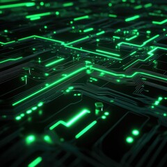 A close-up view of a futuristic circuit board with glowing green lines and nodes, showcasing advanced technology and intricate design, set against a dark background