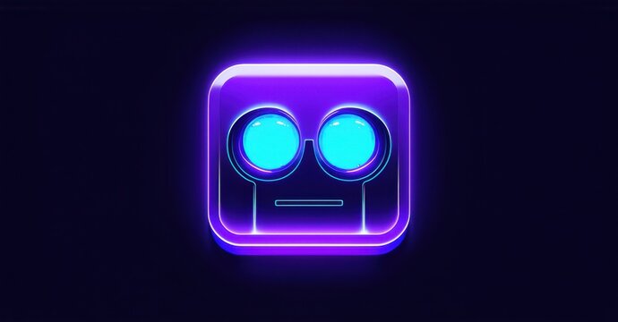 Futuristic purple and cyan ai powered trading bot icon with glowing eyes on dark background flat d glossy style round square shape modern app icon featuring clean minimalisti