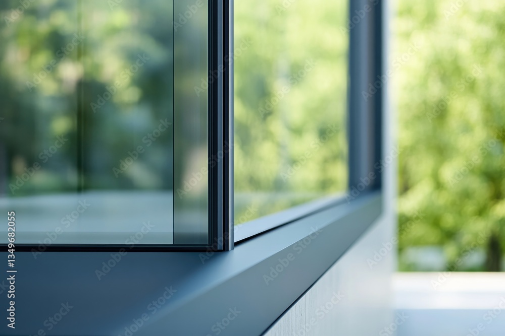 Poster close-up view of modern panoramic window with clear glass and metal frame offering ample copy space 