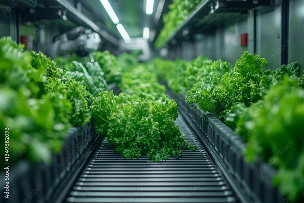 Poster workers sort freshly harvested lettuce in an indoor farm, utilizing technology for efficiency in pro