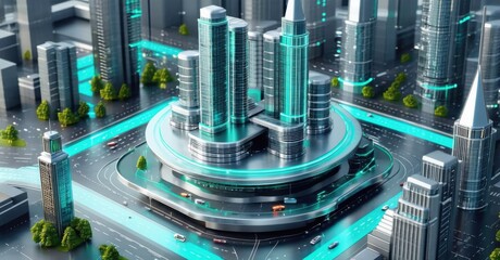 Futuristic silver and teal d city navigation app icon with skyscrapers and highlighted streets three dimensional glossy style round square shape modern app icon bold vibrant col