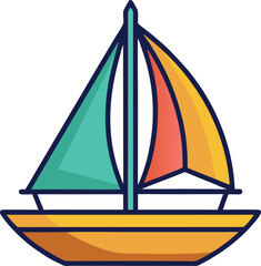 Colorful Sailboat with Triangular Sails, An illustrated sailboat with vibrant red, yellow, and teal triangular sails, set against a yellow hull, symbolizing nautical leisure.
