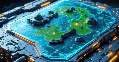 Futuristic silver and teal ai driven battle tactics game app icon with holographic war map realistic detailed glossy style round square shape modern app icon bold vibrant color