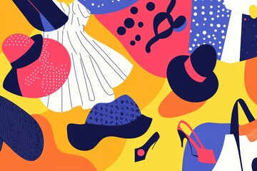 Fototapeta premium colorful flat design illustration of fashion festival atmosphere featuring various stylish apparel items like hats