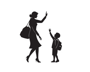 A silhouette vector of a mother waving goodbye to her child at school, sentimental and sweet.
