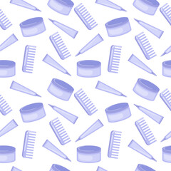 Seamless pattern on white background. Cosmetics packaging, comb, cream, eye cream. Vector flat illustration
