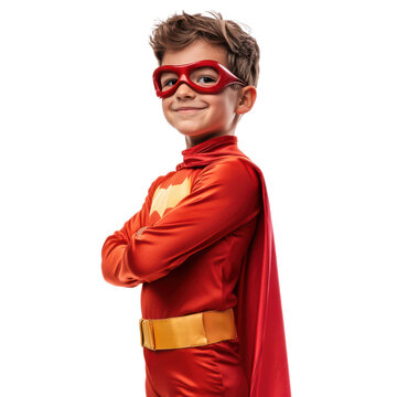 Confident Boy Superhero Costume, Red Cape, Studio Portrait, Child Power