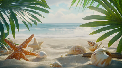 A beach-themed birthday scene with seashells, palm leaves, and space for text