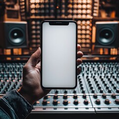 Hand holding smartphone with blank screen in a music studio beside audio mixer and speakers, symbolizing digital creativity. Perfect for music apps, tech mockups, and entertainment industry visuals.