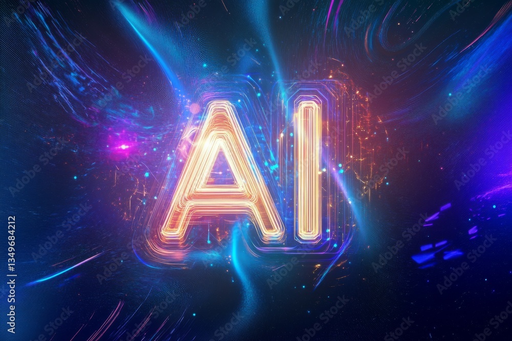 Fototapete glowing letters spell ai against a dynamic, colorful backdrop filled with vibrant patterns and light
