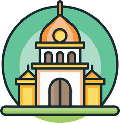 Stylized Church with Dome and Green Background, A colorful, stylized church illustration featuring a dome and a circular green background, emphasizing architectural details.
