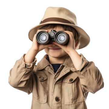 Cute Boy Explorer in Safari Hat Using Binoculars, Adventure Kid Stock Photo