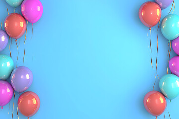Bright and colorful birthday balloons floating on a blue background with space for text