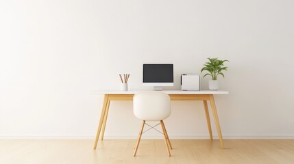 Connectivity Sustainability Alternative style. Minimalist workspace with computer and plant on a wooden floor.