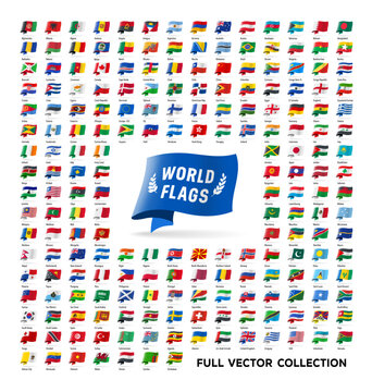 World flags blowing in the wind, vector icons collection set, waving banners