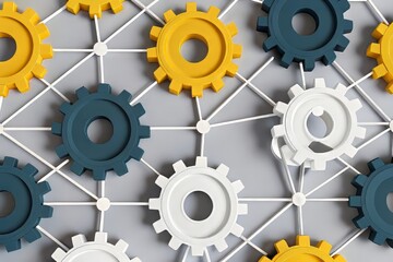 Connection represented through an intricate network of colorful gears intertwined with white connections on a gray background