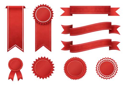 Elegant Red Ribbon and Badge Collection - Premium Vector Banners, Award Medals, and Labels for Design, Certificates, and Celebrations