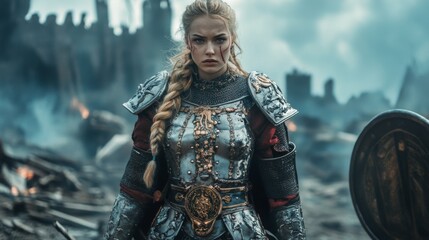 A fierce warrior princess wearing intricate armor standing on a battlefield powerful stance determination and strength