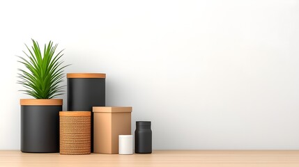 An assortment of various storage boxes and baskets including cardboard wicker and metal containers neatly arranged on a light wooden table