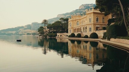 Fototapeta premium Elegant mansion reflecting on calm waterfront, luxury estate, serene morning scene